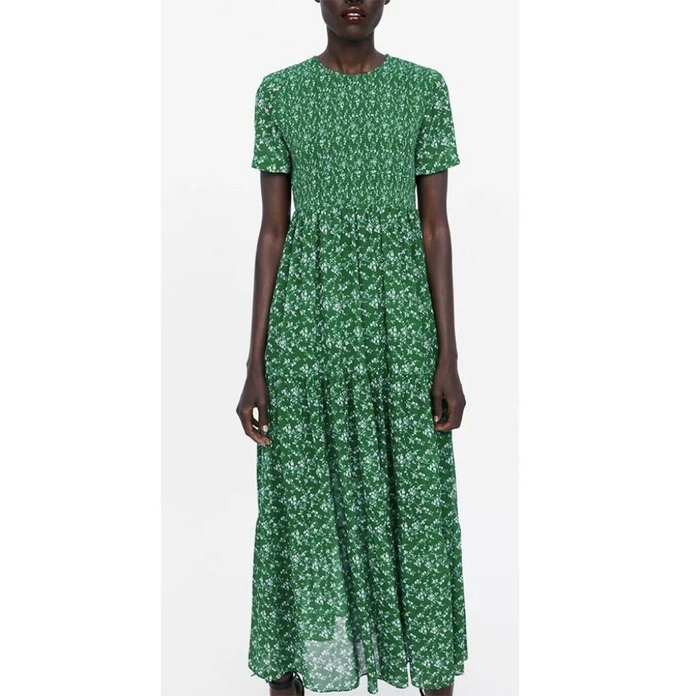 Zara Floral Maxi Green Smock Dress